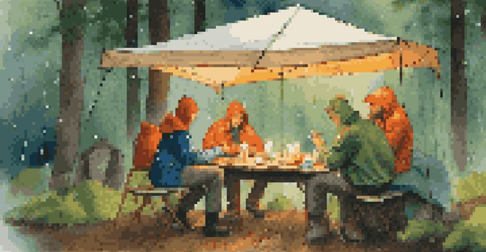 A group of friends playing cards under a tarp during light rain, surrounded by green trees.