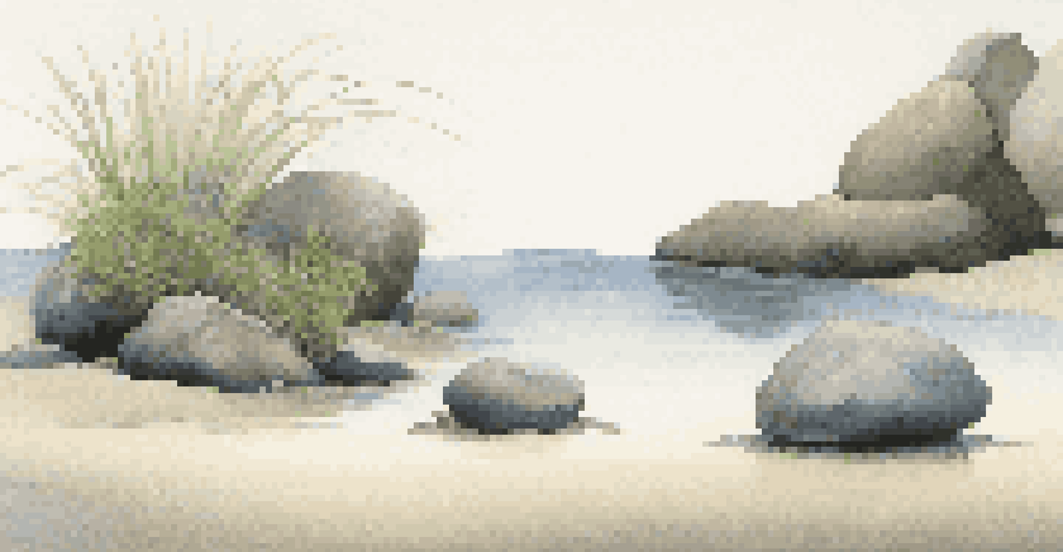 A minimalist aquascape with large stones and low-growing plants, creating a serene atmosphere.