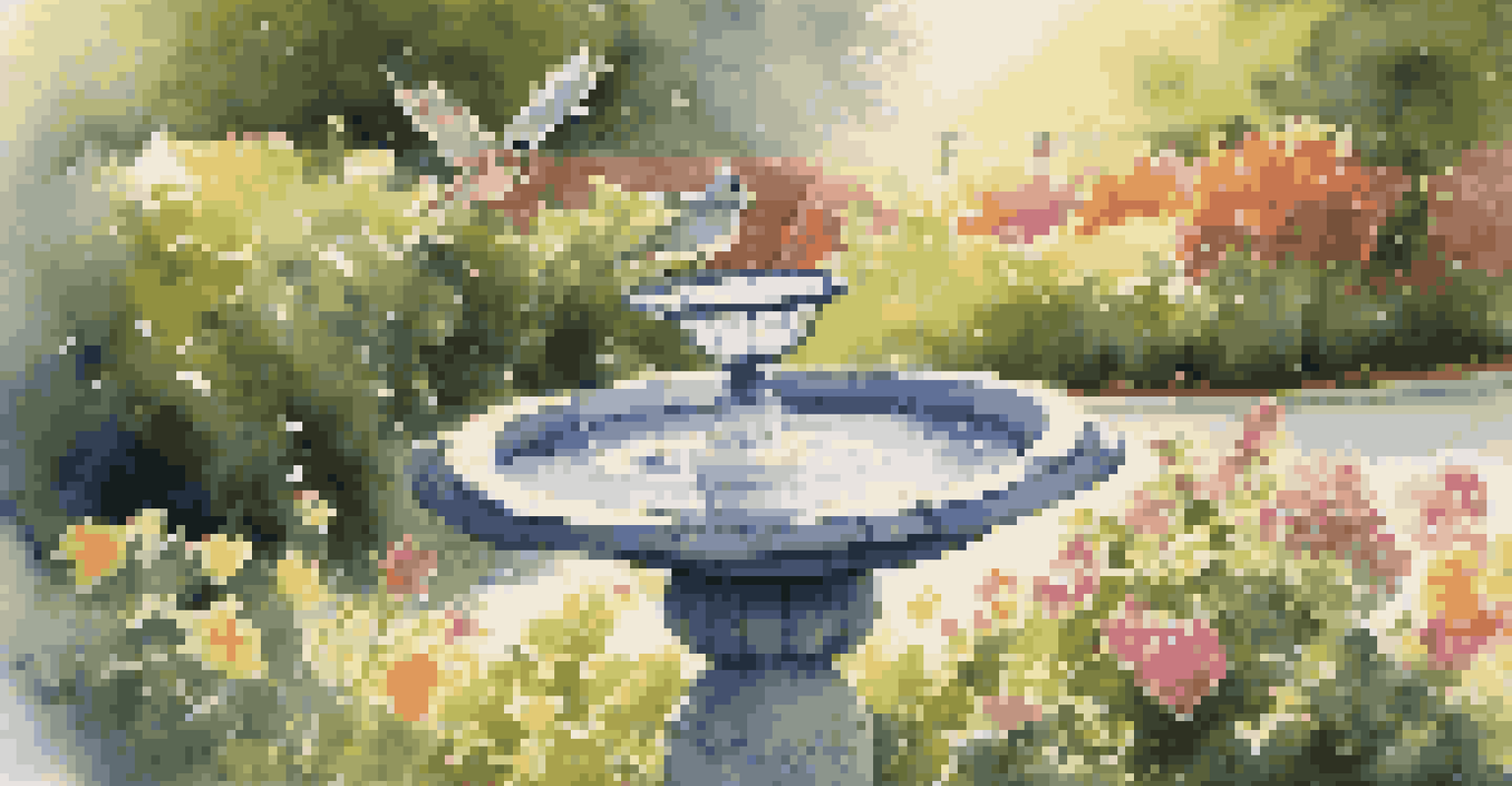 A birdbath and bird feeder in a sunlit garden, with birds splashing in the water and perched on the feeder.