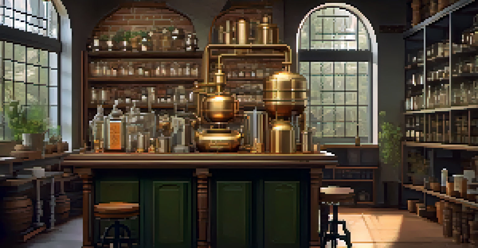 A cozy workspace featuring a hybrid still with intricate brass fittings, surrounded by ingredients and glassware, all illuminated by soft light.