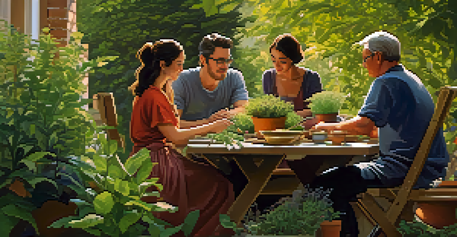 A garden workshop with people planting fragrant herbs, surrounded by lush greenery and warm sunlight filtering through the trees.