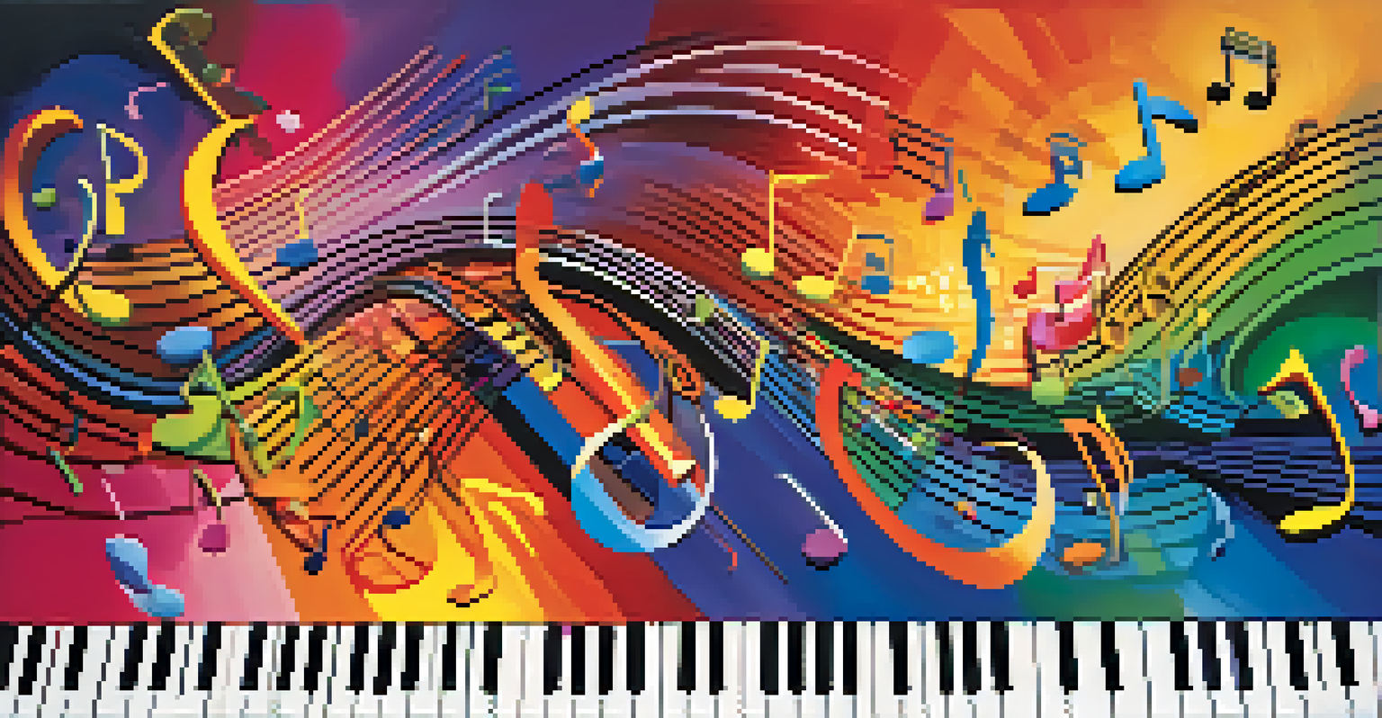 A colorful abstract illustration of musical notes and symbols representing different genres, symbolizing the connection between rhythm and melody.