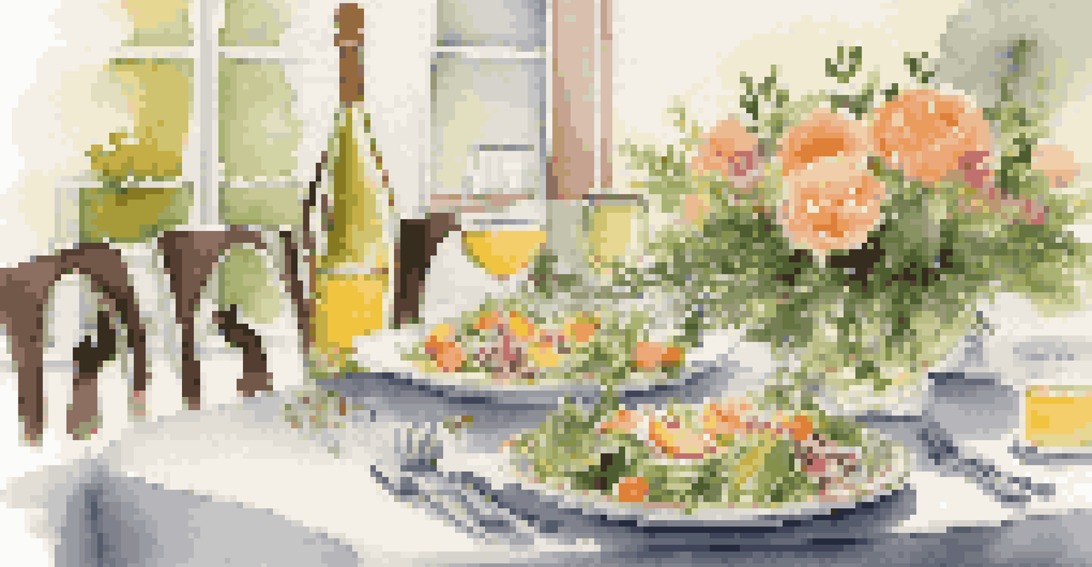 A summer dining table with a salad of mixed greens and peaches, accompanied by decorative bottles of flavored vinegar in a cozy setting.