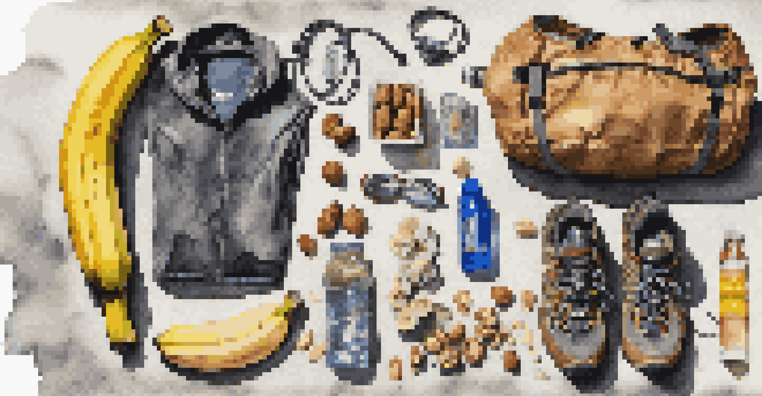 A flat lay image of climbing gear including a water bottle, climbing shoes, and a healthy snack, emphasizing hydration and nutrition for climbers.