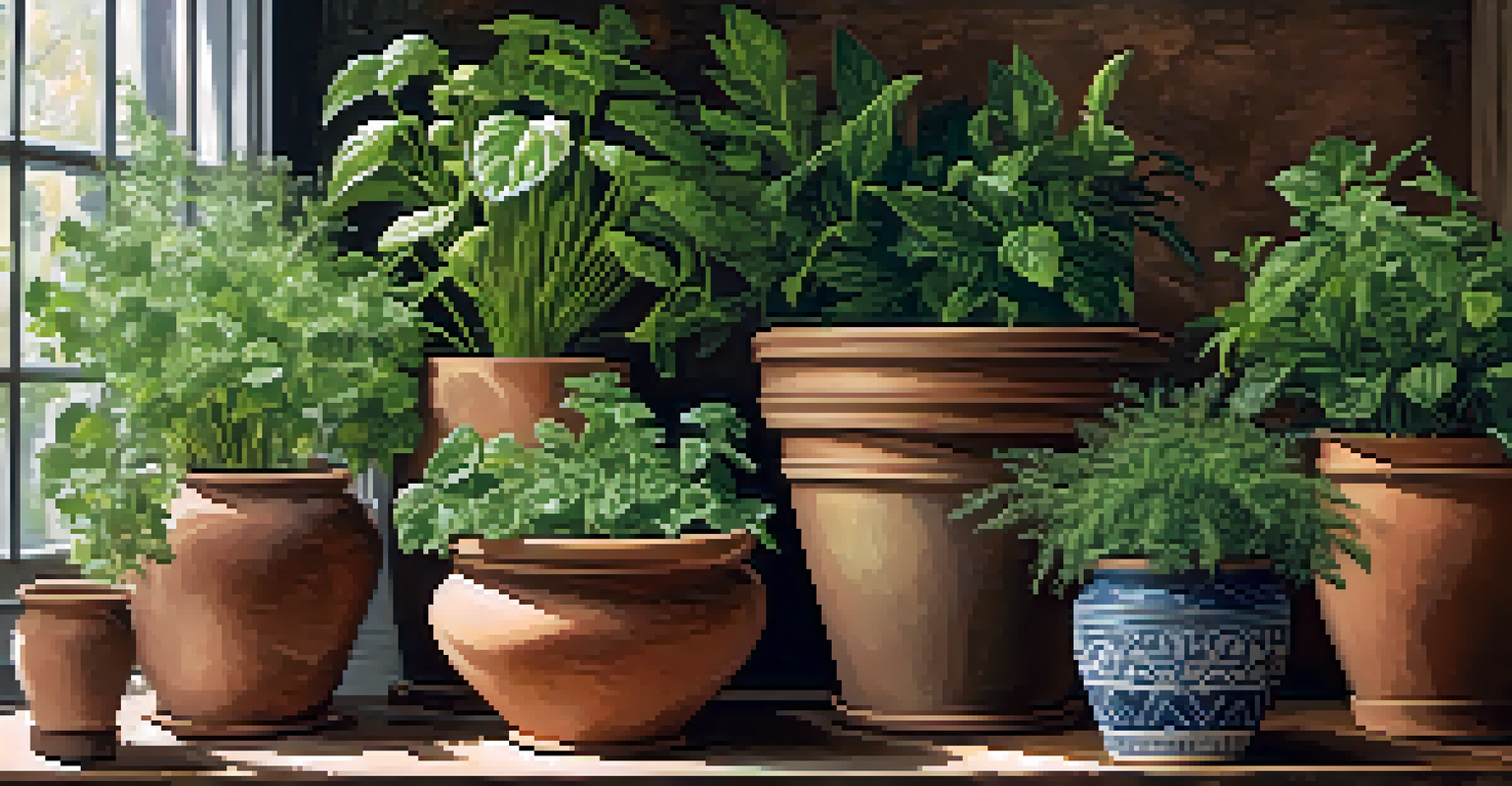 A close-up view of herb plants in terracotta pots on a wooden table, illuminated by soft morning light.