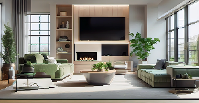 A modern living room with smart home devices like a thermostat and voice assistant, surrounded by contemporary furniture and plants.