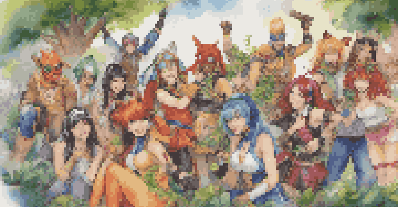 A cheerful group of diverse cosplayers in colorful costumes posing together outdoors, showcasing a sense of community and creativity.