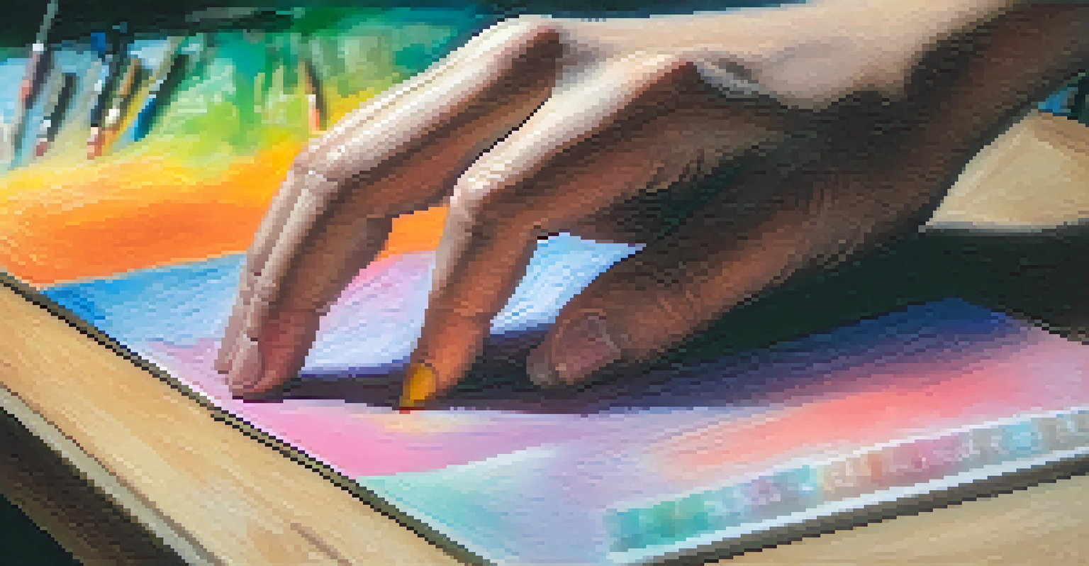 A close-up of an artist's hand blending soft pastels on a portrait drawing, highlighting vibrant colors and the texture of the paper.