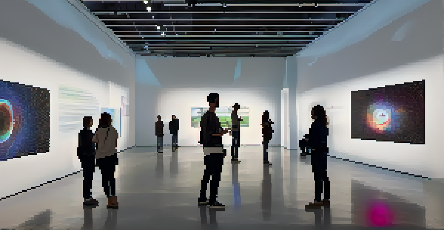 An interactive audio-visual installation in a gallery, with visitors interacting and colorful projections on the walls.