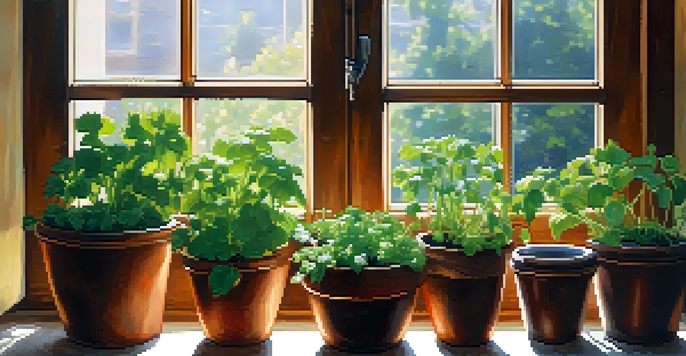 A close-up view of a colorful herb garden with seedlings in pots on a sunny kitchen windowsill, showcasing labels for each herb.