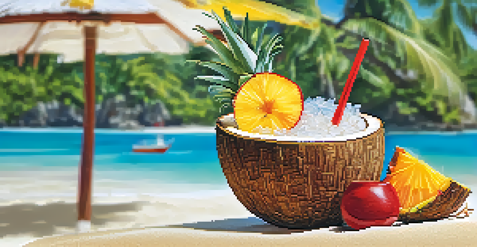 A tropical rum cocktail in a coconut shell on a beach with clear blue water.