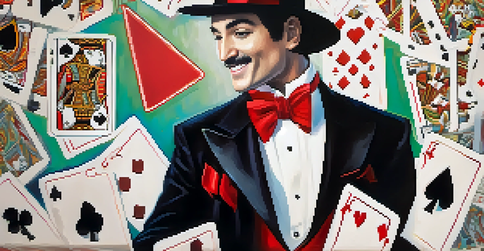 A magician in a tuxedo performing a card trick with colorful playing cards, smiling at an audience in soft lighting.