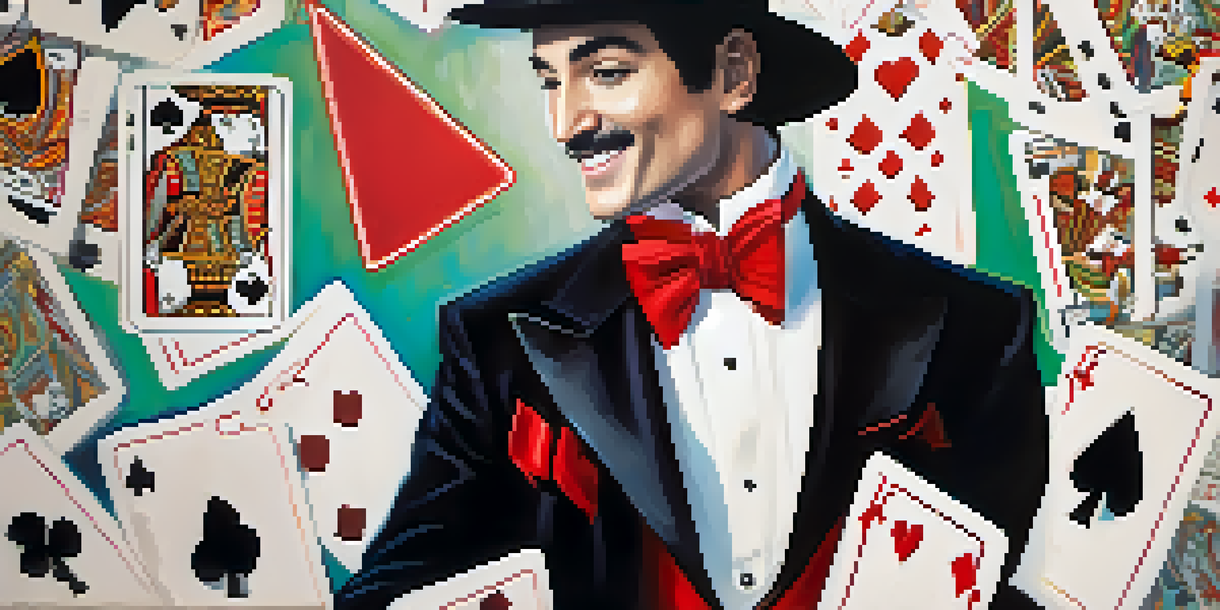 A magician in a tuxedo performing a card trick with colorful playing cards, smiling at an audience in soft lighting.
