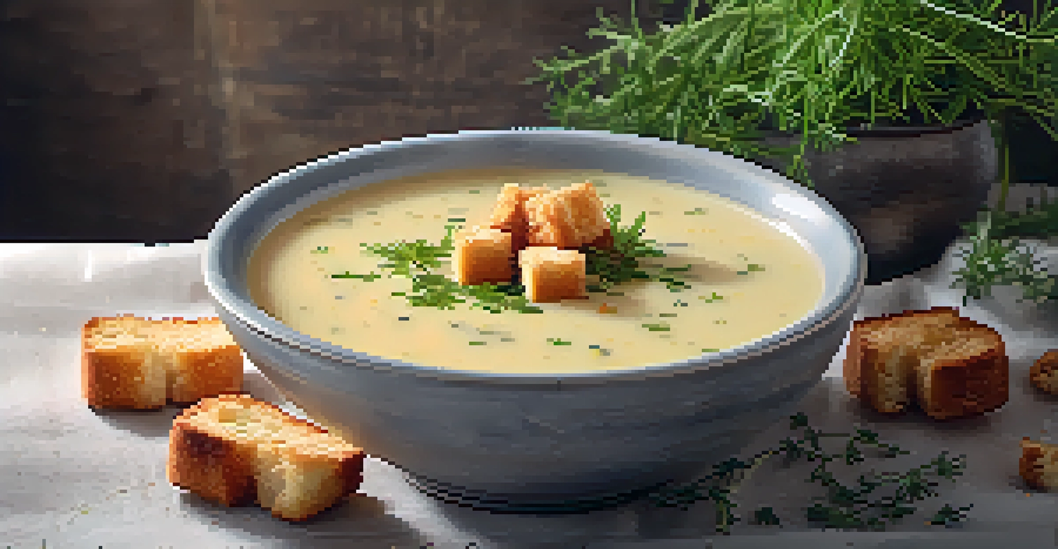 A creamy soup in a rustic bowl, topped with crispy croutons and fresh herbs, illuminated by warm lighting.