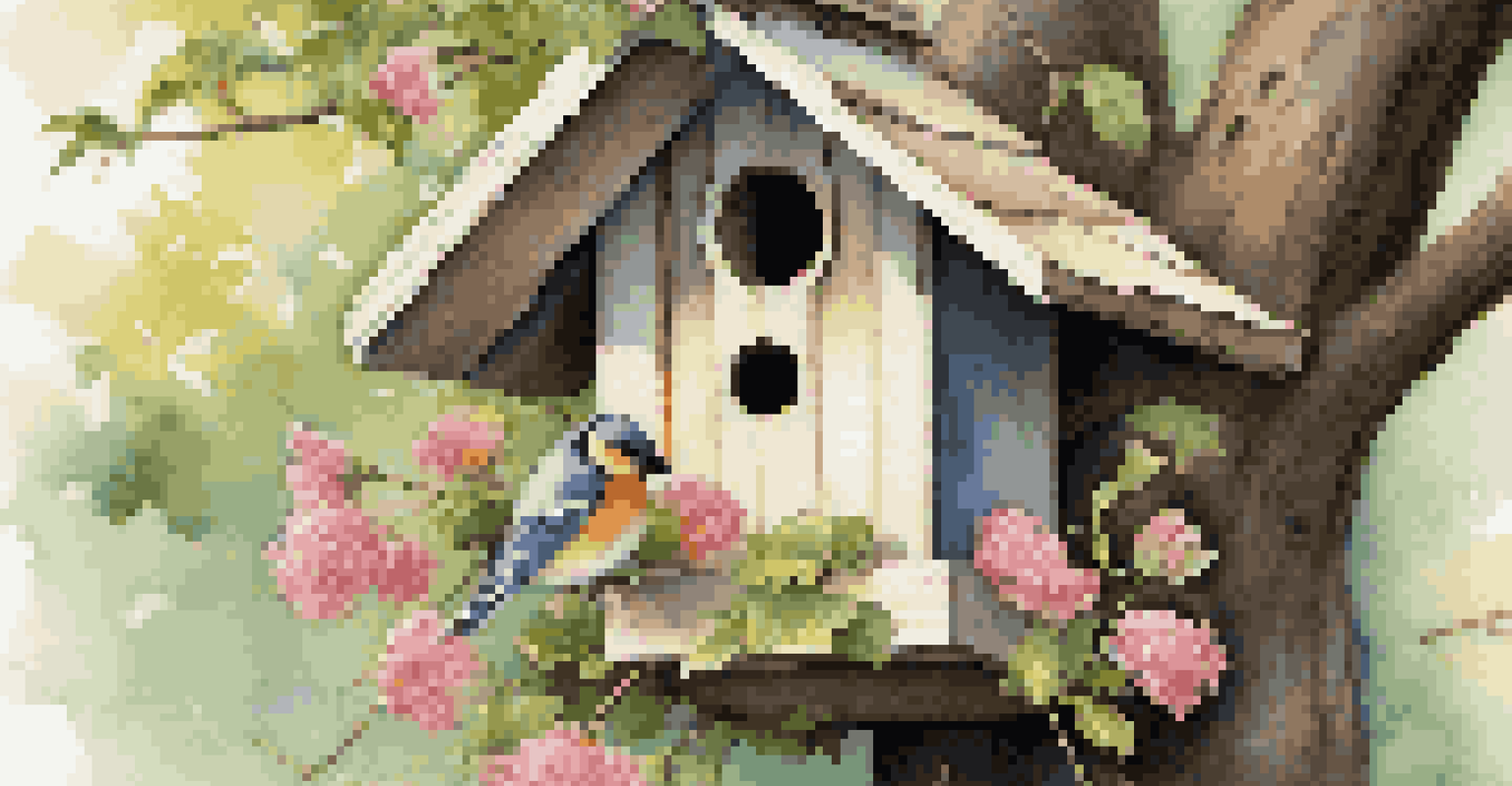 A close-up of a decorated birdhouse hanging from a tree, with birds around it and sunlight filtering through the leaves.