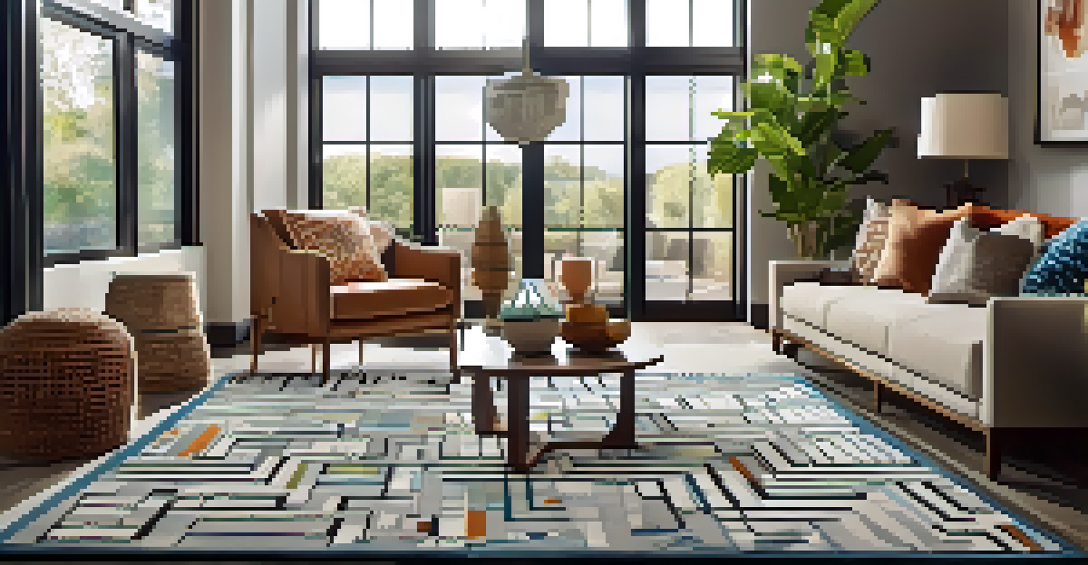 A finished DIY rug with a geometric design placed in a modern living room, enhanced by natural light.