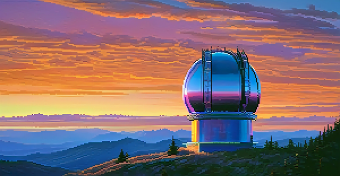 A modern optical telescope on a mountain top at twilight, with a colorful sunset and emerging stars in the sky.