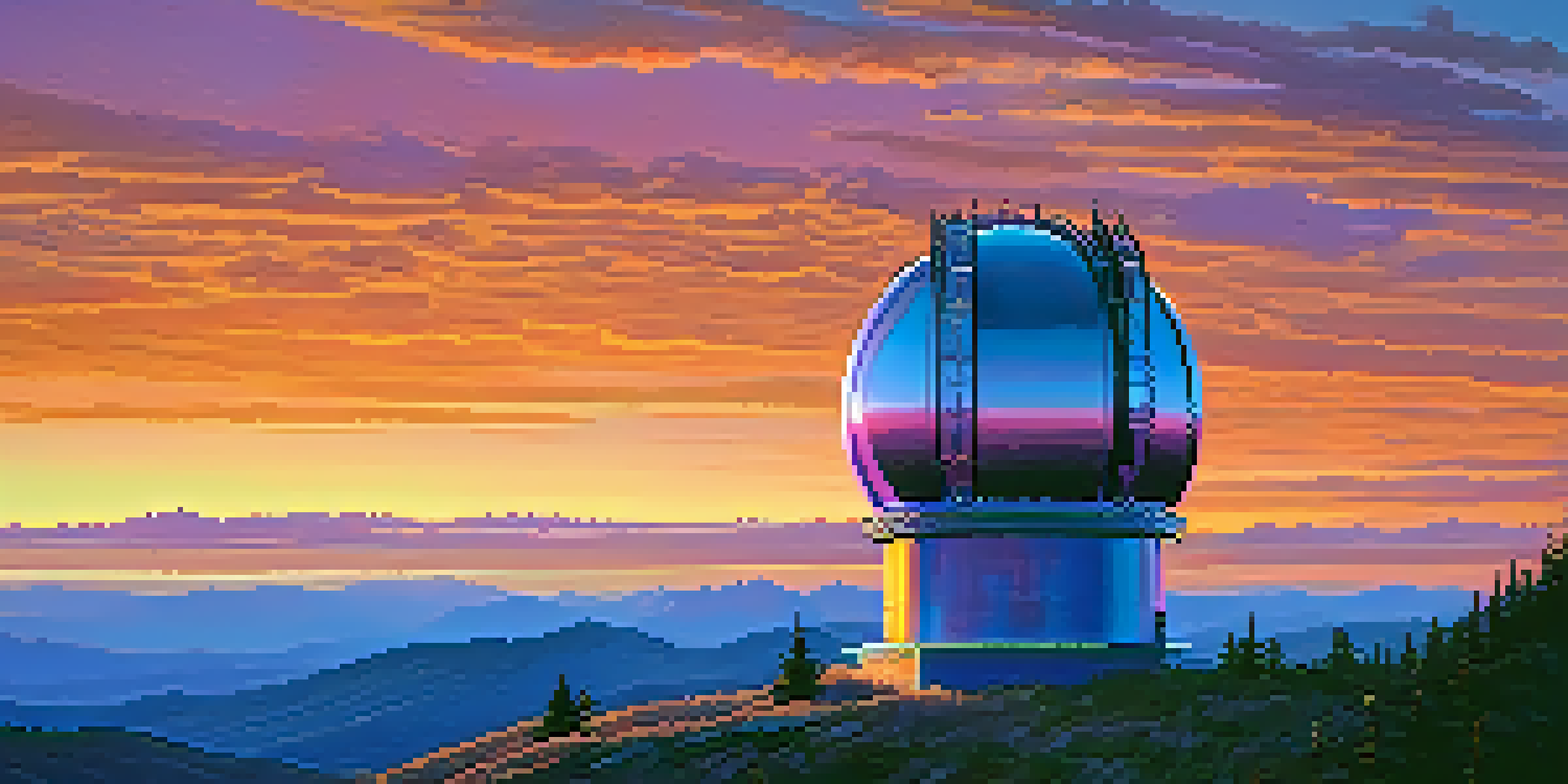 A modern optical telescope on a mountain top at twilight, with a colorful sunset and emerging stars in the sky.