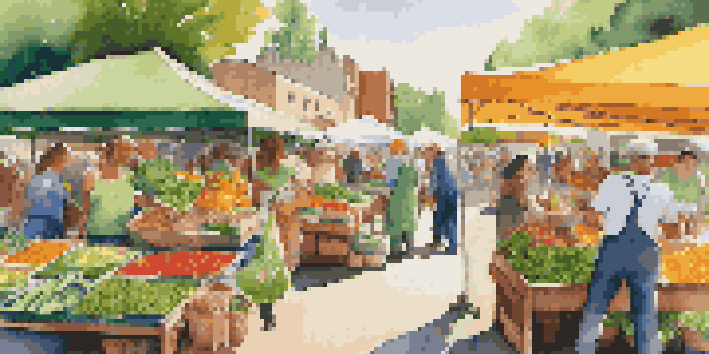 A lively farmer's market filled with colorful stalls displaying alternative protein foods like lentils and chickpeas, with people shopping and natural sunlight illuminating the scene.
