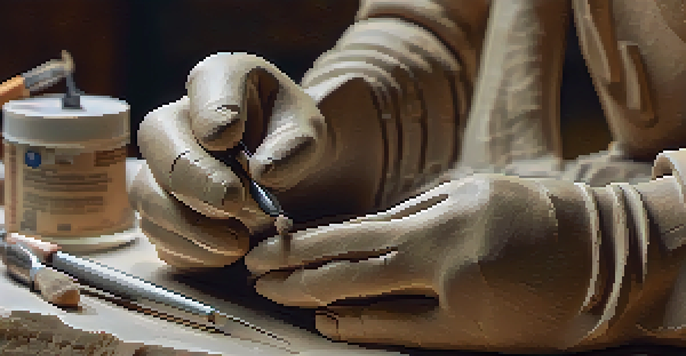 A sculptor's hands applying a release agent to a detailed clay sculpture, with various sculpting tools in the background.