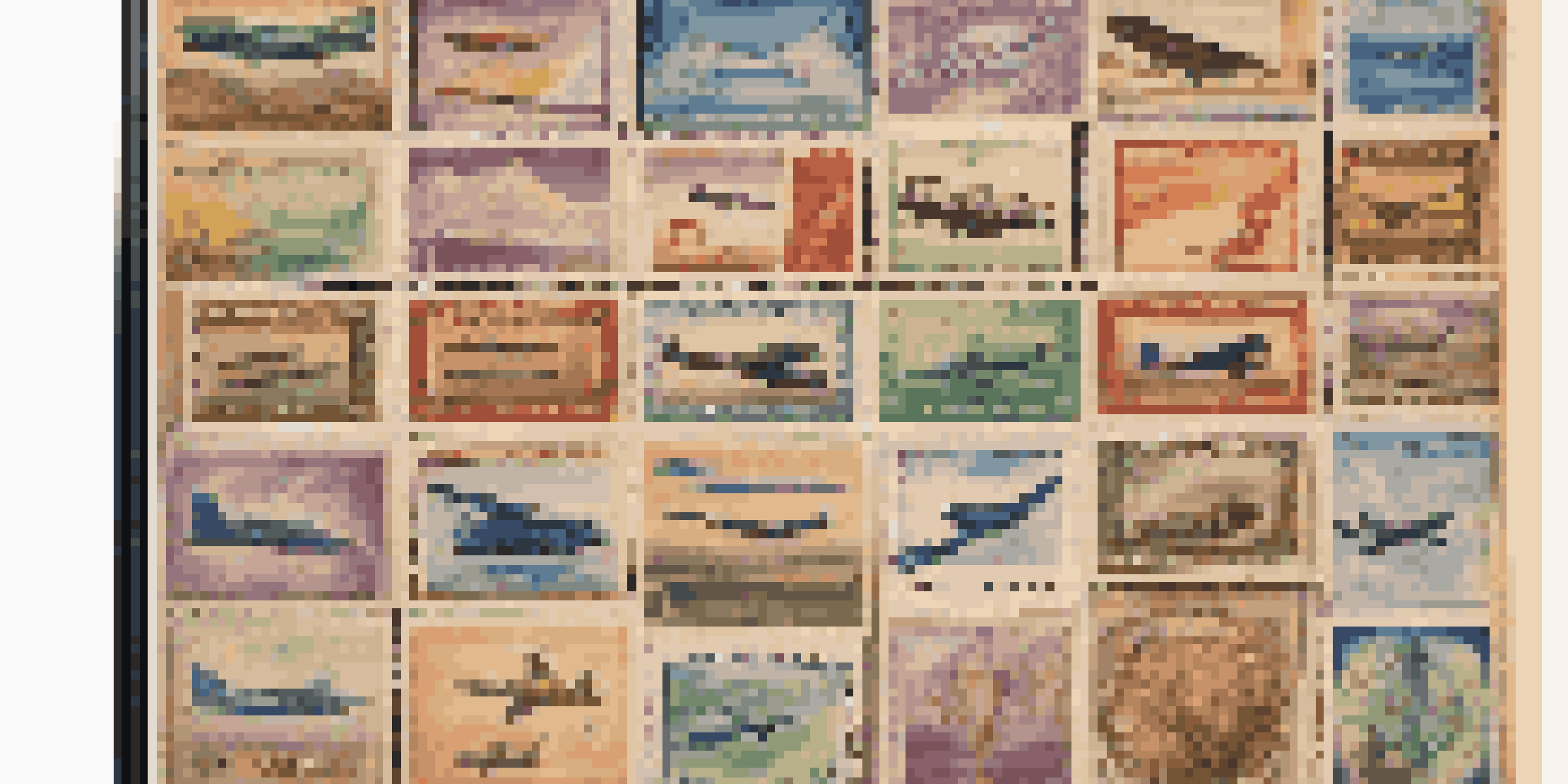 A close-up of a vintage air mail stamp collection in a wooden album, featuring colorful and intricately designed stamps.