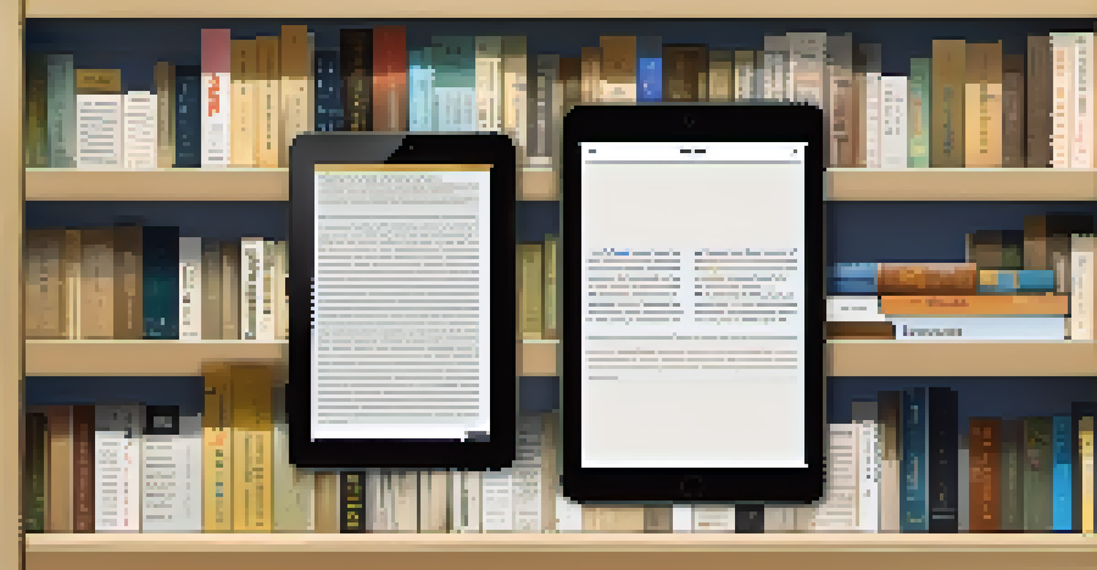A digital reading list on a tablet showing categorized book covers in a bright workspace.