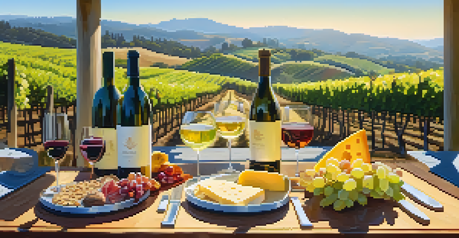 An outdoor wine tasting scene in Napa Valley, with glasses of Chardonnay and a charcuterie board against a vineyard backdrop.