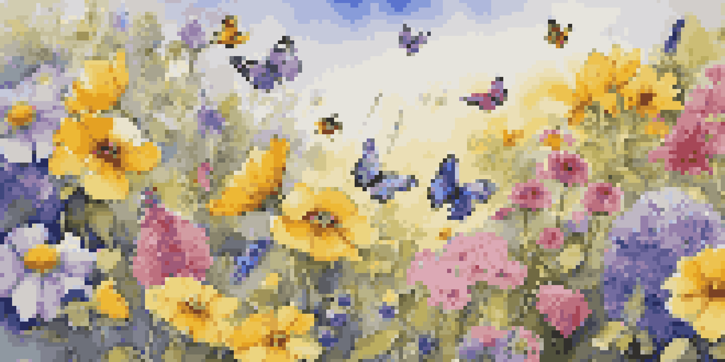 A colorful garden with various flowers and pollinators like bees and butterflies under a sunny sky.