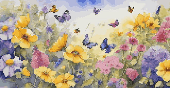 A colorful garden with various flowers and pollinators like bees and butterflies under a sunny sky.