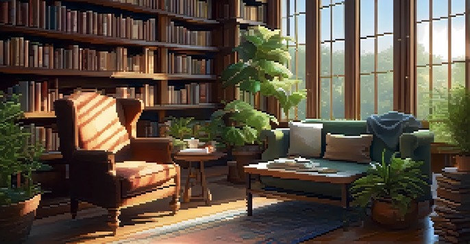 A cozy library with wooden shelves filled with books, a plush armchair, and sunlight streaming through a window, creating a warm atmosphere.