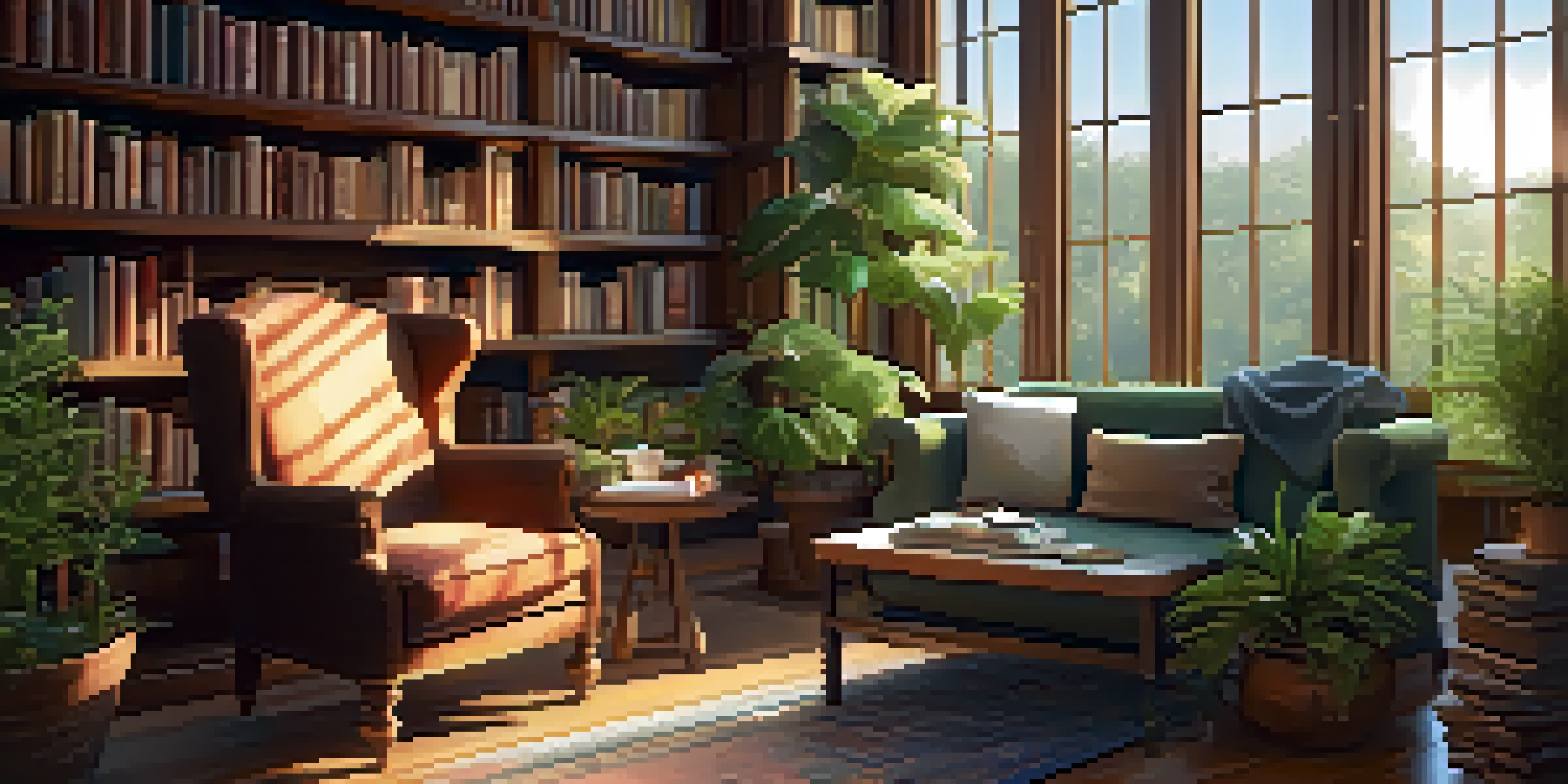 A cozy library with wooden shelves filled with books, a plush armchair, and sunlight streaming through a window, creating a warm atmosphere.
