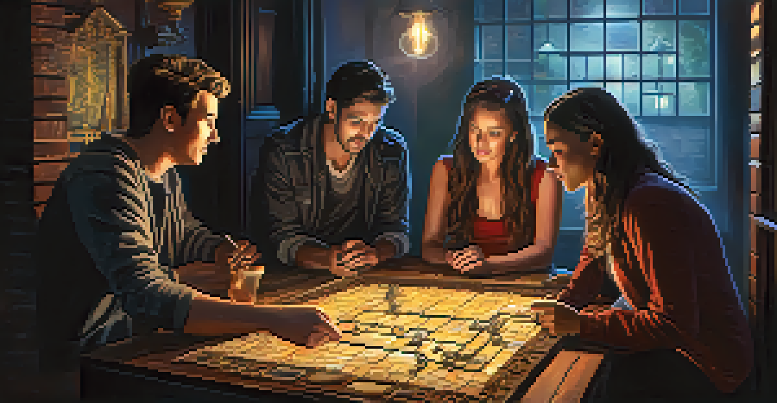 A group of friends in a haunted house escape room, surrounded by puzzles and artifacts, working together.