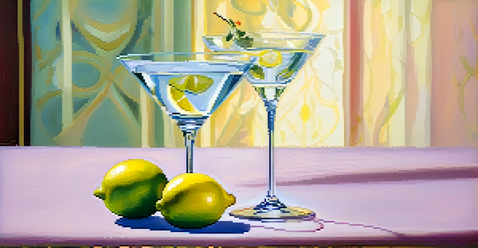 An elegant martini glass with a lemon twist and olive, set on a table with a luxurious tablecloth.