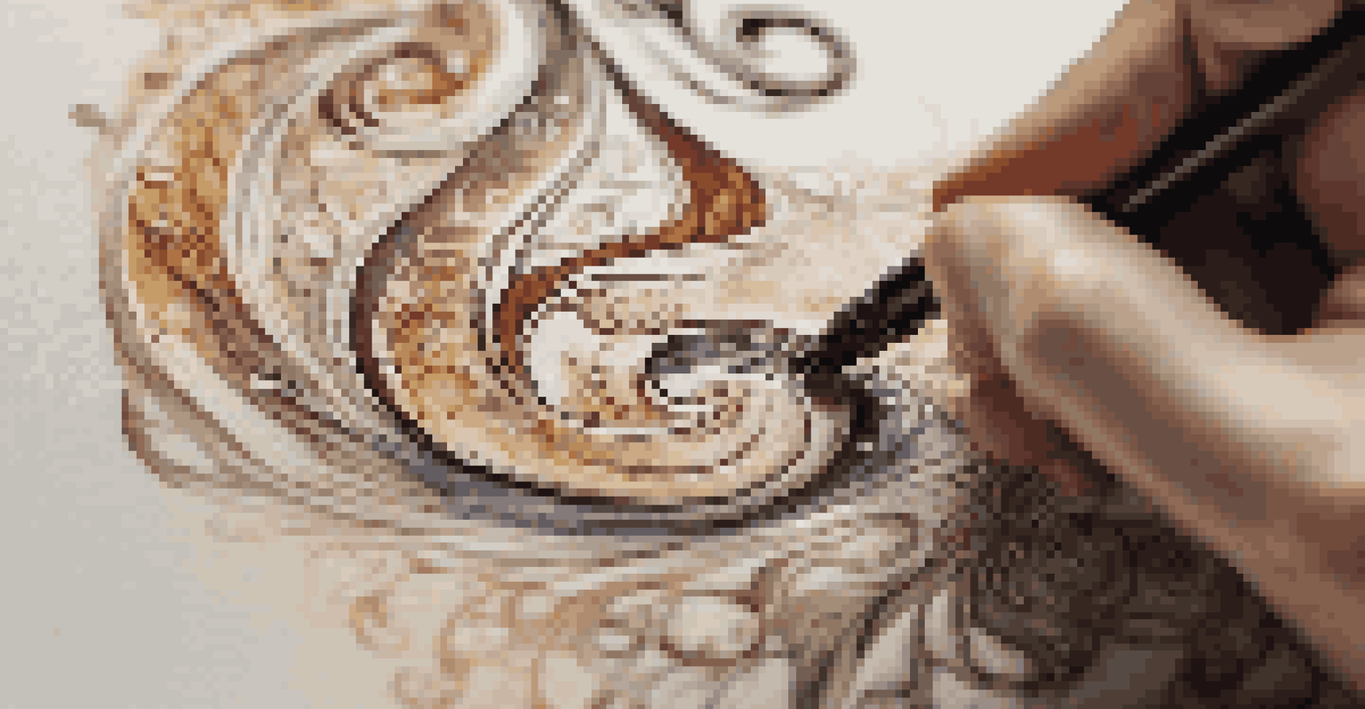 A close-up of a calligrapher's hand creating elegant lettering on textured handmade paper, highlighting the fluid motion of the pen and the intricate details of the letters.