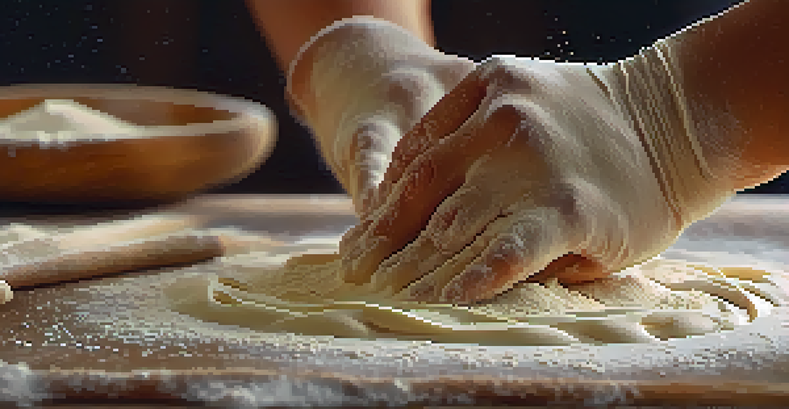 A baker's hands kneading dough on a floured surface, with flour dust around.