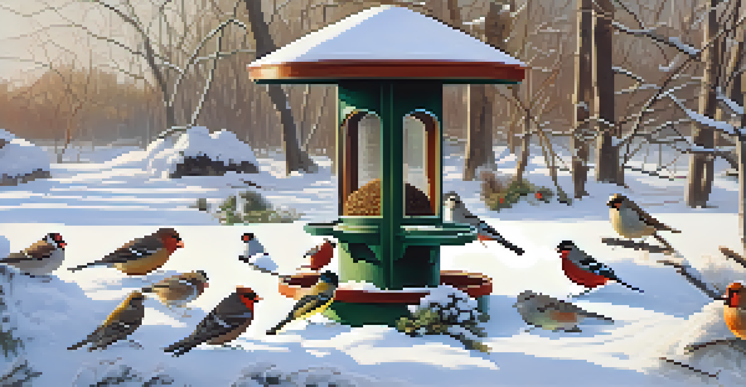 A winter scene with various birds at a well-stocked feeder surrounded by snow, showcasing colorful finches and sparrows in dynamic poses.
