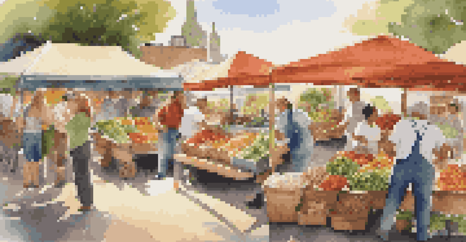 A farmers' market scene with fresh organic ingredients for brewing, featuring colorful vegetables and jars of honey.