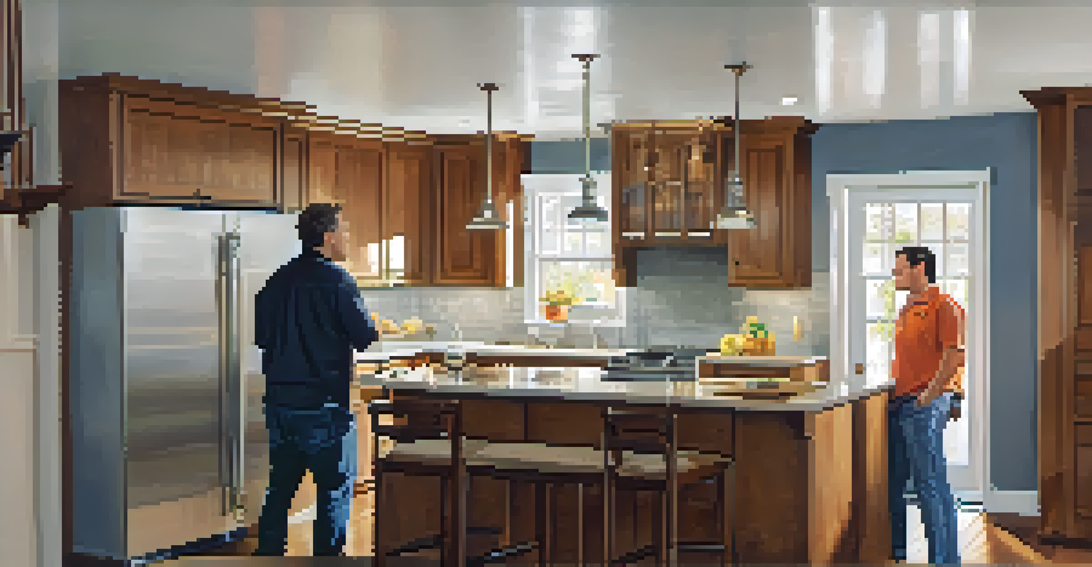 A contractor and homeowners discussing renovation plans in a partially remodeled kitchen with natural light and colorful decor.