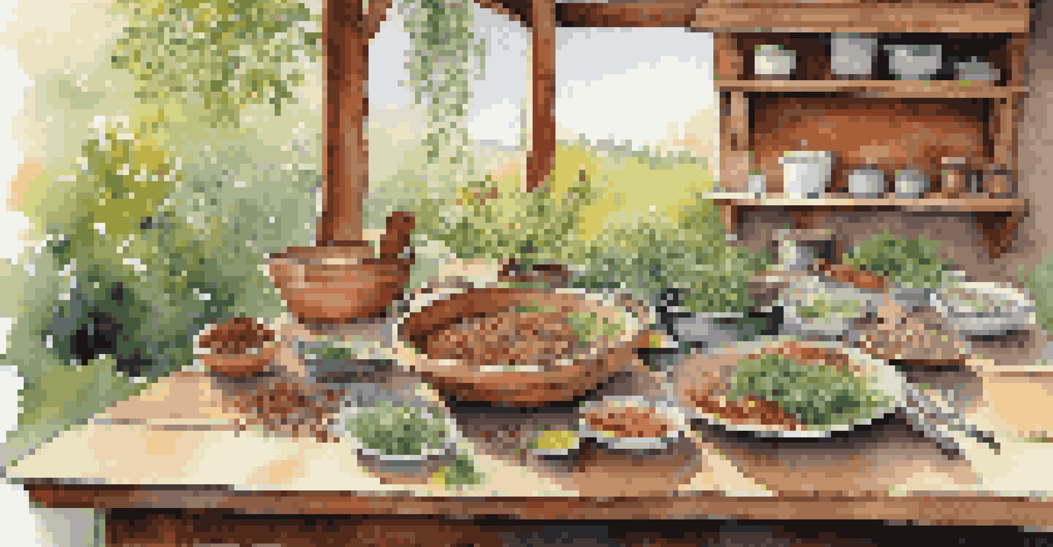 An outdoor kitchen table with wild spices and vibrant dishes, showcasing the beauty of foraged ingredients.