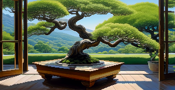 A tranquil bonsai garden with different species of bonsai trees on a wooden table, illuminated by soft sunlight.