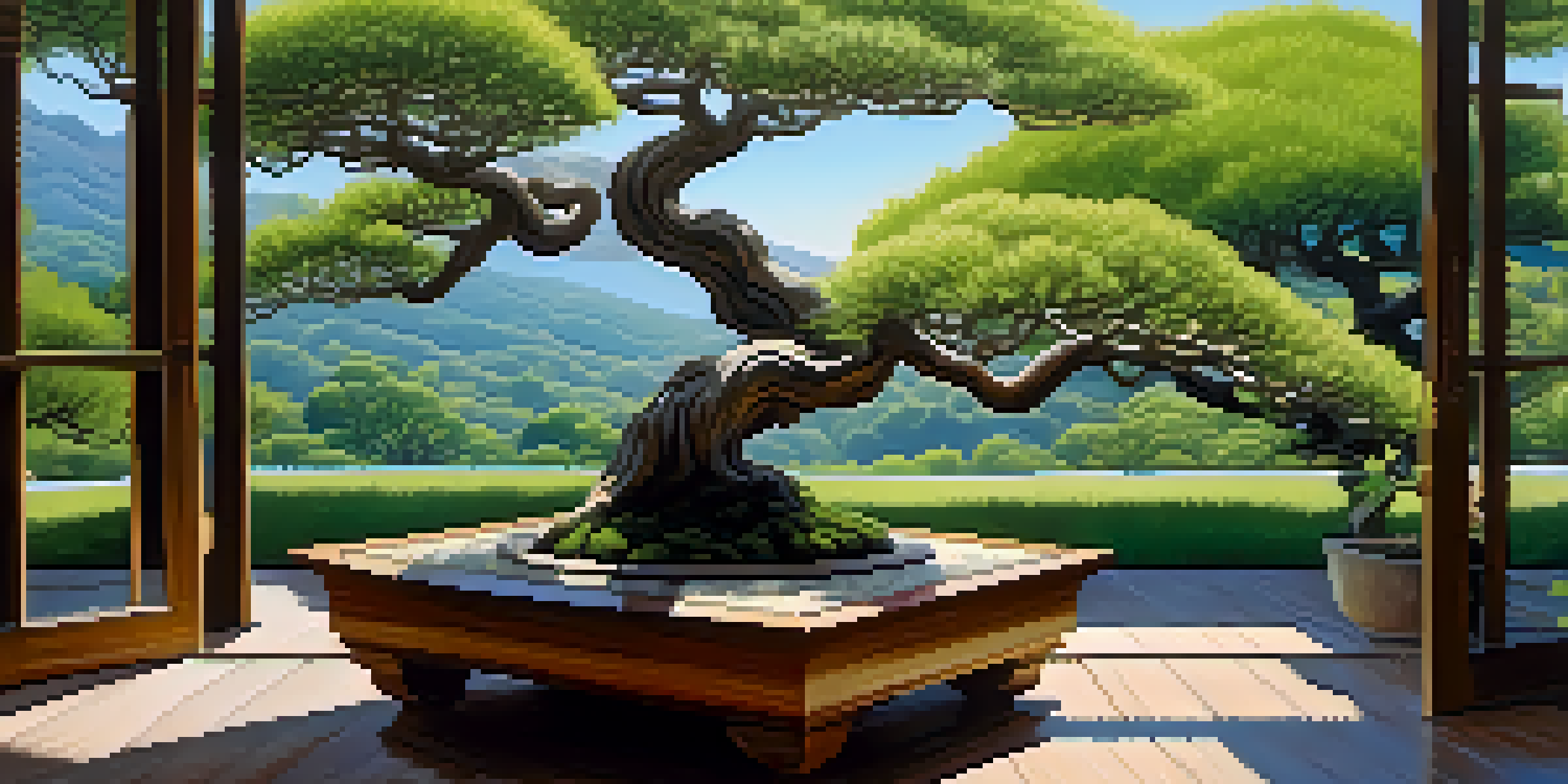 A tranquil bonsai garden with different species of bonsai trees on a wooden table, illuminated by soft sunlight.