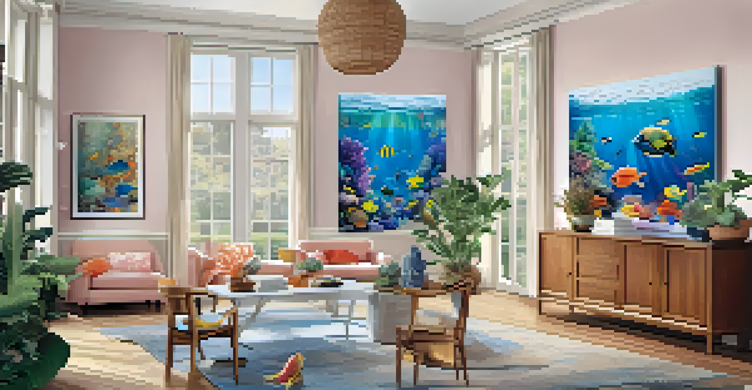 A bright room with a large table displaying a colorful 1000-piece underwater puzzle, surrounded by soft pastel decor and a potted plant.