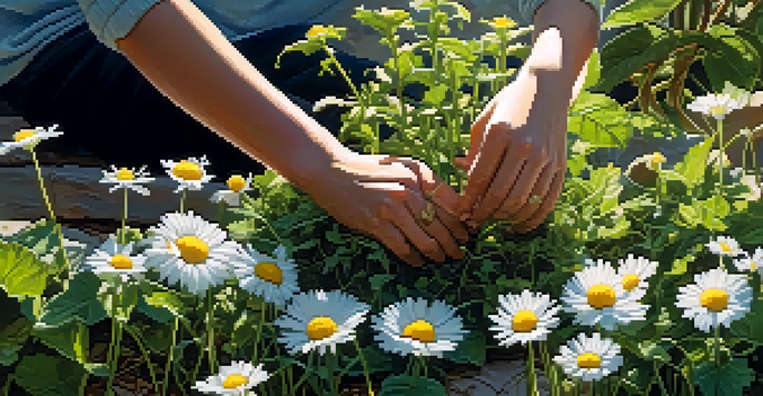 A person harvesting fresh herbs in a sunlit garden, with various colorful herbs and a clear sky in the background.