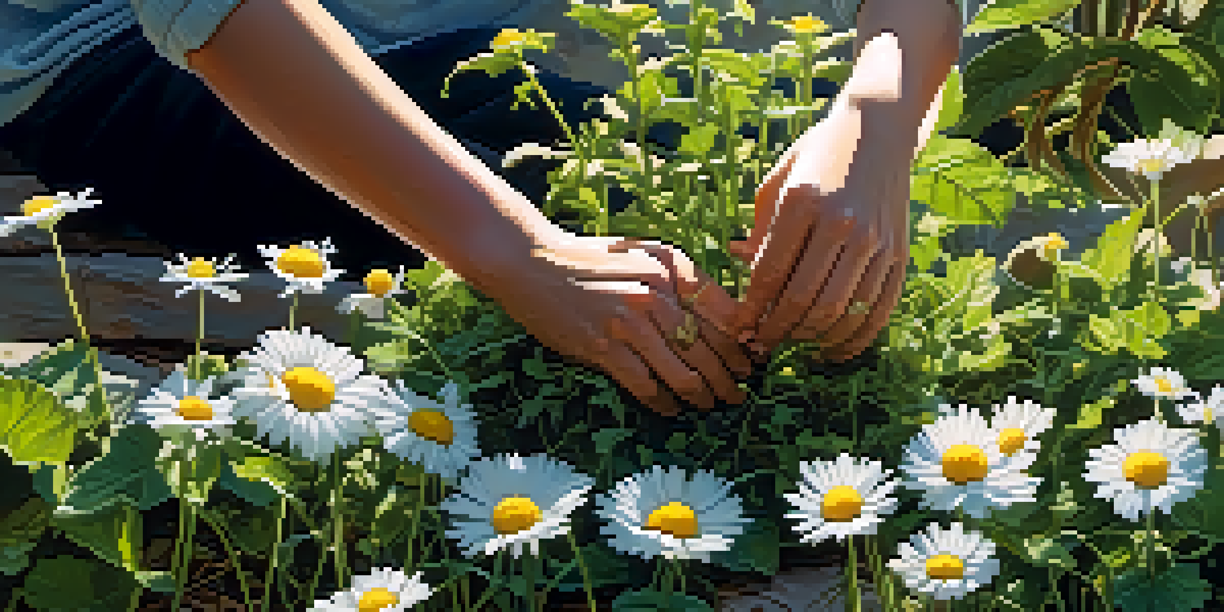 A person harvesting fresh herbs in a sunlit garden, with various colorful herbs and a clear sky in the background.