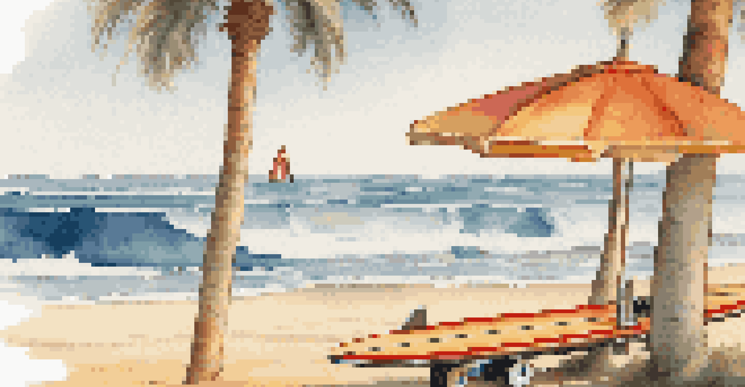 A vintage longboard surfboard against a palm tree on a sunny beach.