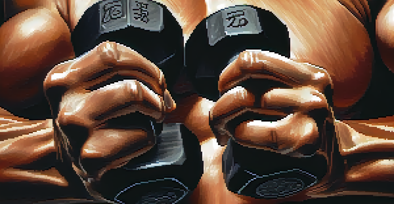 Close-up of hands gripping a dumbbell, representing strength training for martial artists, with a blurred background.