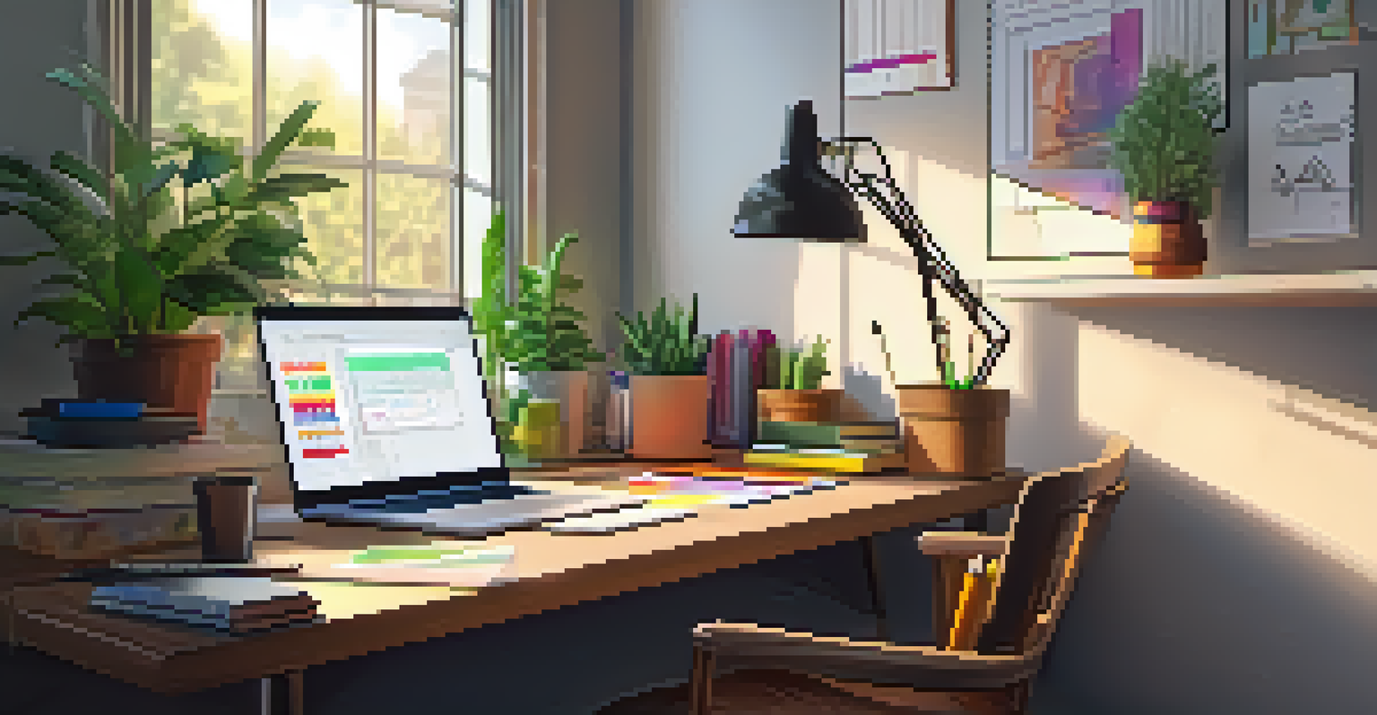 A cozy workspace with a laptop showing colorful code, art supplies, sketches, and a potted plant, illuminated by warm sunlight.