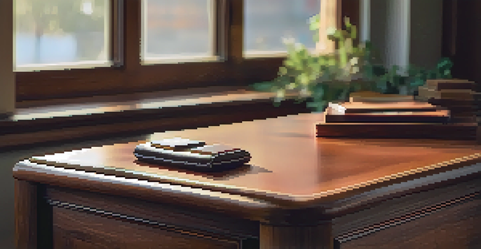 A workspace with two handmade leather coasters, one embossed and the other dyed mahogany, on a wooden table with warm light.