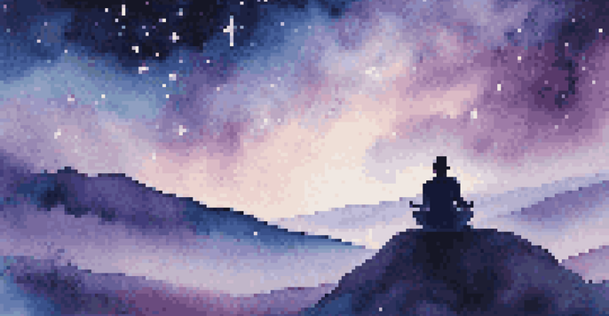 A meditating figure silhouetted against a starry night sky, representing spiritual connection and tranquility.
