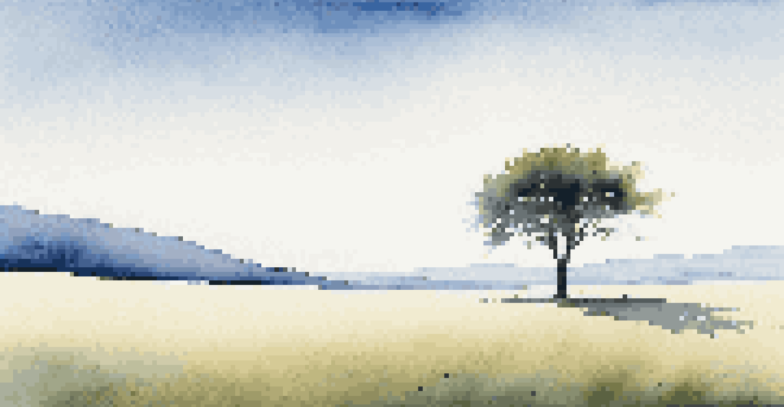 A lone tree in a wide-open field, surrounded by empty space, creating a minimalist and serene atmosphere.